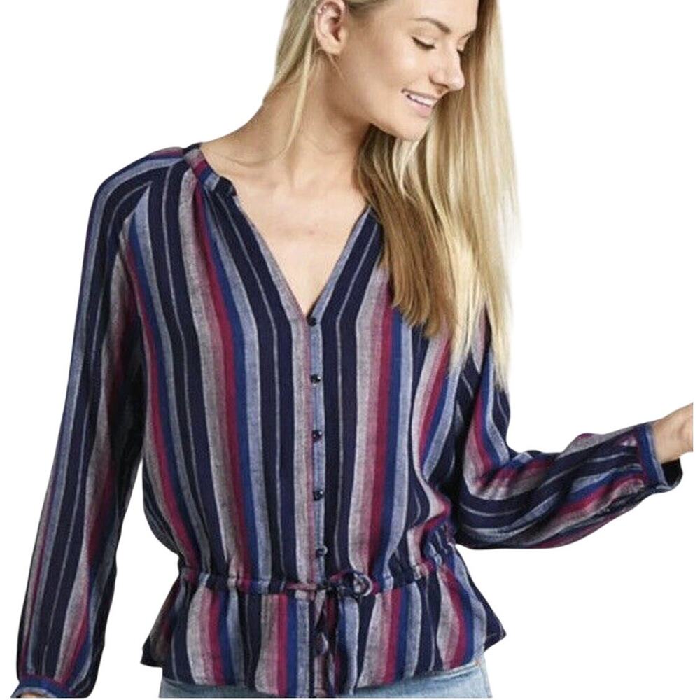 Rails Marti Beaux‎ Varadero Striped Linen Lightweight Peasant Blouse Size Small